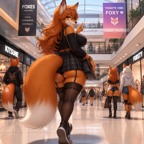 A well-made busty female Fox lady character. Has thigh highs and a bushy tail. At the modern mall. Animated well version. Friendly and cool. Backshot. All Foxy Vulpine people.
