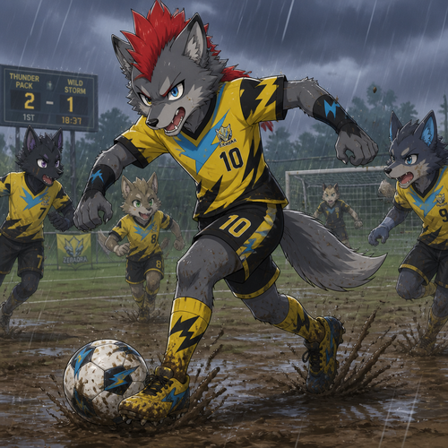 A middle school aged male grey dire wolf wearing Zeraora themed soccer uniform, short red mohawk hairstyle. He is out on a soccer field during a rainy day, causing the field to get muddy, playing aggressively in a game of soccer with his friends. Anime art style, full body.
