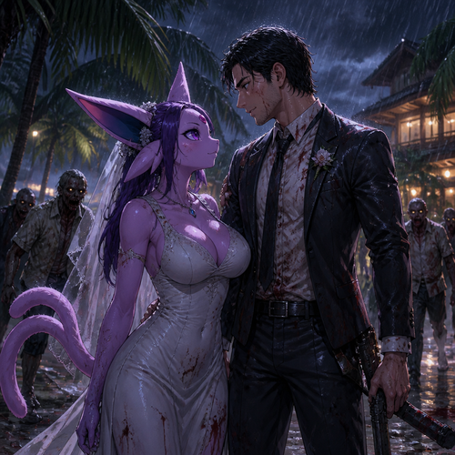 In this reality, at the wedding right before everything was perfect but then after the zombies came crashed and ruined the party became a blood bath. A busty adult female anthropomorphic Espeon the bride and her adult human groom as husband and wife stand bye side together and face the living dead at night. A well-made animimated version. A modern life. On a tropical island resort. Gotten all wet by the rain. Love and support each other. Looking at each other with hope and still alive. Side view. 