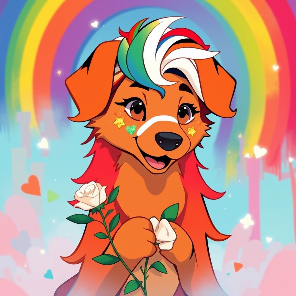 The image depicts an anthropomorphic canine character, likely a furry art piece. The character is predominantly a reddish-brown color. Hair/Fur: The character has medium-length fur that is primarily reddish-brown, but features a rainbow-colored mane and a section of slightly longer fur around the neck and shoulders in shades of pink, blue, green and yellow. The ears are a darker shade of reddish-brown, erect and pointed. Skin Tone: While the character is not explicitly human, the face has a lighter tan tone. Unique Features: The character has a small bandage with pink sparkles on its nose and slightly oversized, expressive eyes. There are also small sparkly stars surrounding it. The character is also wearing a light pink bracelet adorned with small pink and white hearts. It holds a white rose with green leaves. Facial Features: The character has large, expressive eyes that appear to be a dark reddish brown or hazel. The nose is black, and button-like. The mouth is slightly open, showing a tongue sticking out, suggesting a playful or mischievous expression. The overall facial expression is happy and slightly cheeky. Body Build and Posture: The character has a rounded, somewhat chubby body build. Its posture is relaxed and upright. Clothing: The character is not wearing clothes in the traditional sense.  Overall: The character's design is vibrant and expressive, combining warm earthy tones with bright rainbow hues. The added elements of a bandage, flowers and stars suggest a sense of playfulness and possibly an underlying message of self-acceptance or celebration. The rainbow mane could be interpreted as representing LGBTQIA+ pride, especially given the transgender flag in the background.