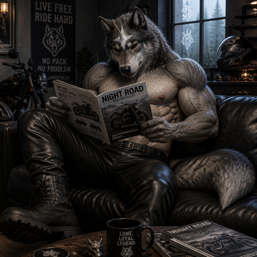 A male wolf with a white star on his forehead with a horn coming out the middle of the star. He is wearing leather pants, shirtless showing off a 16 pack of abs, and black combat boots. He is looking through a motorcycle catalogue.