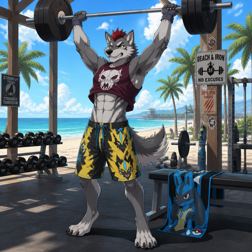 A teenage male dire wolf wearing loose Zeraora themed swim trunks, a maroon sleeveless shirt with a wolf skull design and a short red mohawk hairstyle. The sleeveless shirt is riding up showing off a 8 pack of abs as the dire wolf is lifting weights over his head at an outdoor beach side gym. On a bench next to him lays a Lucario style towel. Anime art style. Solo full body