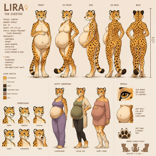 A female heavily pregnant anthropomorphic cheetah, reference sheet, animated version 
