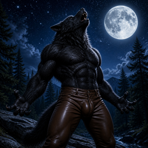 Male black werewolf wearing brown leather pants. Has a bulge. It is nighttime in a forest with a full moon in the night sky with stars brightly shining in the sky. The werewolf is howling at the moon.