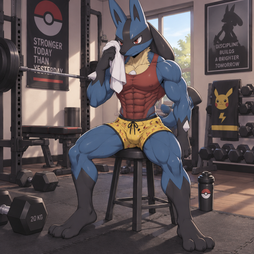 Male Lucario wearing a tight pikachu themed shorts and a red tank top showing off a 16 pack of abs. He is in the workout room in his house sitting on a stool wiping the sweat from his face after lifting weights. Anime art style, solo, full body.