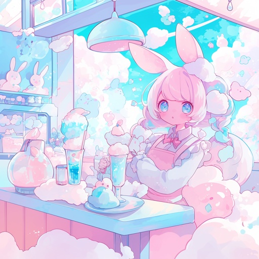 Pastel-colored anthropomorphic bunny barista in a soft, dreamy cafe setting, serving cotton candy-like drinks, surrounded by floating marshmallow clouds --niji 6