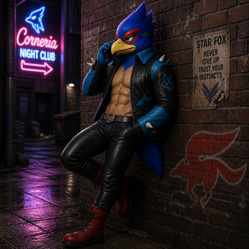 Falco Lombardi wearing a Lucario style leather jacket and no shirt, tight black leather pants and red combat boots. He is leaning against a brick wall talking with someone on his cellphone.