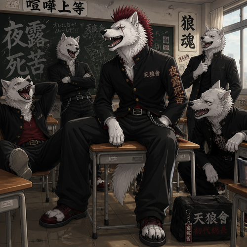 A high school aged delinquent white male dire wolf wearing a gakuran with a crimson spiked mohawk. He is sitting on a desk in the classroom surrounded by his friends laughing at a crude joke. Anime style, full body.