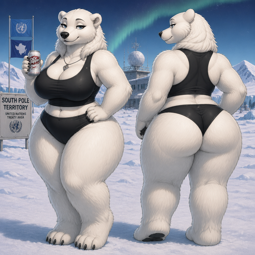 A busty well-made anthropomorphic polar bear female who lives in South Pole territory with a diet Dr Pepper soda on paw. Has thick thighs and thick fur. Large looks. Front/back view. Calm and confident. Animated verse.