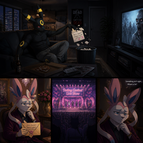 In a anthro Pokemon universe. A grown non-rich Umbreon male who lives in a apartment alone who’s ripped the envelope that says; your invited to dating contest live show (Much like on a date challenge); from the grown wealthy Sylveon male (the Barron) and then put it on a trash while continues to watch a zombie horror movie on television, while the Barron feels something is not right and didn’t shown while the live show starts (sadly or is) for where is. A well-made animated modern life version.