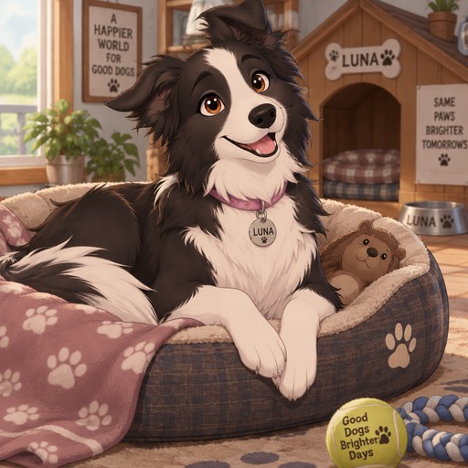 A beautiful female border collie named Luna in a dog home, animated style