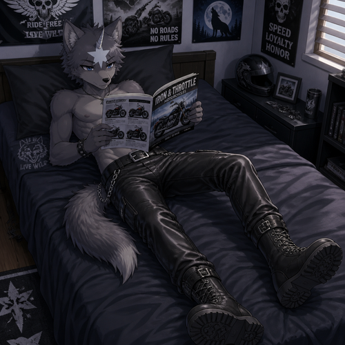 A middle school aged male wolf with a white star on his forehead with a horn coming out the middle of the star. He is wearing leather pants, shirtless showing off a 16 pack of abs, and black combat boots. He is looking through a motorcycle catalogue as he is laying on his bed. Anime art style, solo, full body.