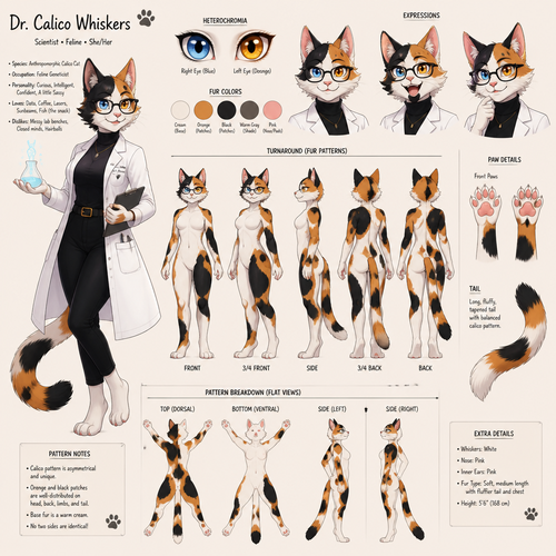 A beautiful female anthropomorphic calico cat with glasses and one blue eye and one orange eye, is a scientist, , animated version, reference sheet, shows all of her fur patterns 