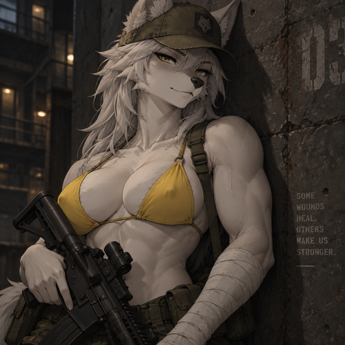 A high-quality 2D anime-style digital illustration of an anthropomorphic female wolf with an attractive, muscular physique—featuring strong biceps, a full bust, and defined abs—wearing a confident expression. She wears a weathered olive-drab military cap and a bright yellow bikini top. Her right arm is heavily wrapped in white bandages extending from the wrist to the mid-forearm, and she holds a black tactical rifle. She is leaning against a dark, textured concrete wall in a dimly lit urban setting. The composition is a half-body shot, focusing on her torso and face. The lighting is dramatic and directional, casting soft shadows and highlighting the contours of her silhouette. The color palette is dominated by muted earth tones, contrasting sharply with her white fur and the vibrant yellow of her swimwear. The atmosphere is rugged yet serene.