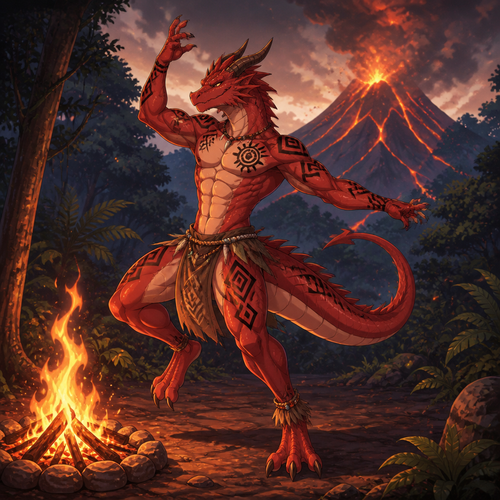 A male red dragonoid wearing a tribal loincloth and tribal tattoos. He is alone in a forest on the side of a volcano dancing around a campfire. Anime art style, solo, full body.