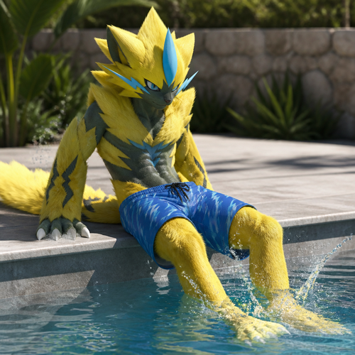Zeraora wearing blue thunder bolts styled swim trunks. Sitting on the edge of a pool splashing his feet in the water. Realistic art style