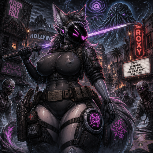A busty well-made badass adult anthro waterproofed Protogen that has thick thighs and survival gear on while holding a saber sword that loves to rock and roll by facing a mixed up dark spicy lovecraft zombie apocalypse, in Hollywood alone. Anime verse.
