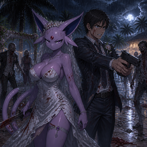 In this reality, at the wedding right before everything was perfect and then after the zombies came crashed and ruined the party became a blood bath. A busty adult female anthro Espeon the bride and her human groom as husband and wife stand together and face the living dead at night. A well-made anime version. A modern life. On a tropical island. Gotten all wet by the rain.