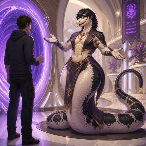 A well-made friendly grown femboy male snake from somewhere in the sci-fi palace that wears something and has thick thighs, wide hips, and a long tail who’s happily greeted a nervous grown human being that came from a portal.