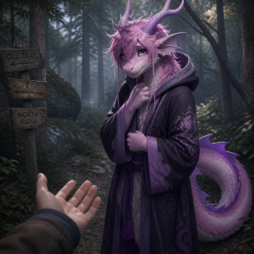 A well-made shy grown femboy pink and purple furred male character, a anthro Lung dragon that wears a robe with a hoodie who came out of nowhere in a forest and lost but also sees a human and wonder if like to be friends and hoped for not being tricked or worse.