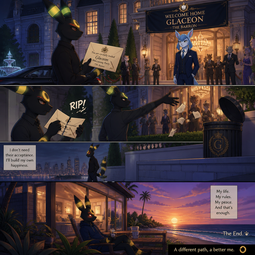 A non-rich grown Umbreon male reject and ripped the envelope and toss it to a trash can of a billionaire Glaceon (the Barron) welcoming party at the city mansion at home. Lives on a small modern house at the beach. Well-made animated version. A good ending. A anthropomorphic verse. Side view.