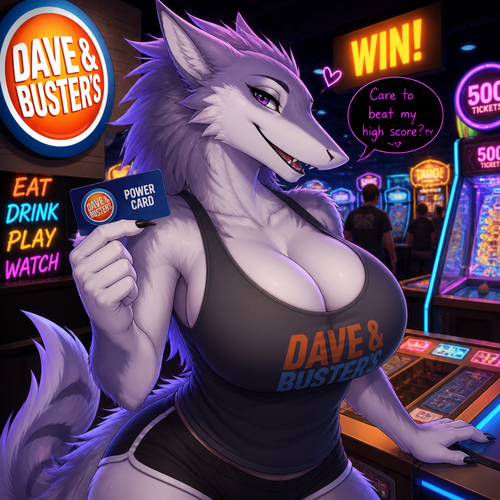 A well-made busty female adult Sergal is inside the Dave’s and Busters arcade in a mall, and having a good time. Animated version. Wears a tank-top. Flirty and soft.