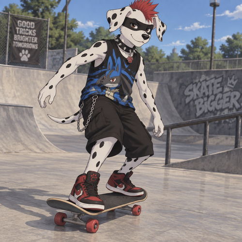 A middle school aged male Dalmatian with a black spot over his eyes that looks like a mask, wearing loose black khaki shorts with a chain hanging onto the right side, a lucario themed sleeveless shirts, red high top shoes, a spiked black leather collar with a ruby paw pendant, and a red mohawk. He is skateboarding in a skate park. Anime art style, solo, full body.