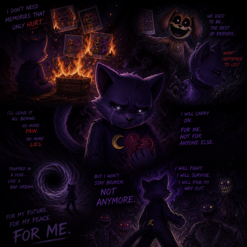 In Smiling critters verse, Catnap with feelings hurt and tears with anger and a heart broken, wants to forget about his ex-friend DogDay and let his memories ablaze. Trapped Into a void of darkness like a bad dream. A broken friendship. Moving/carry on and fight through the horrifying threats.
