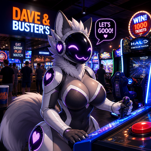 A well-made busty female adult Protogen is inside the Dave’s and Busters arcade in a mall, and having a good time. Animated version.