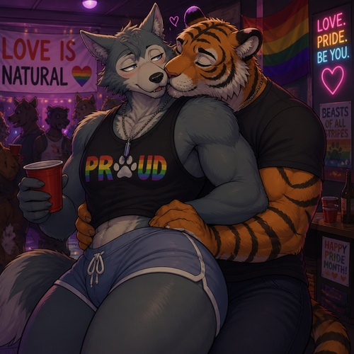 Legoshi the grown Wolf is celebrating at today’s pride month at the college party. Has thick thighs and big butt. Wears shorts and a necklace. Being cuddled by Bill the tiger. Getting some kisses in a cheek. 