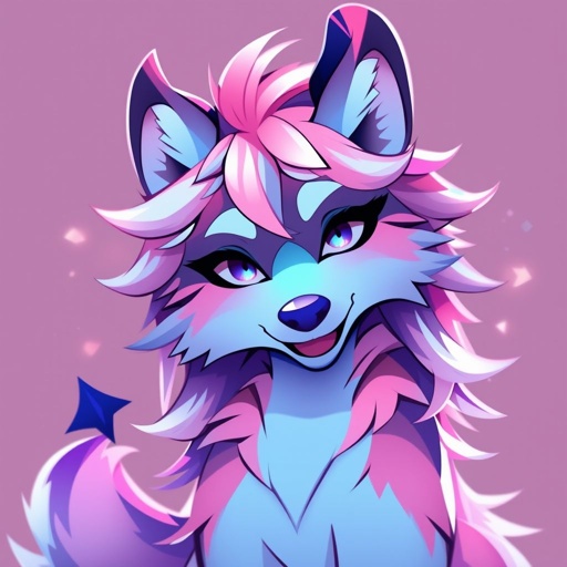 Pink blue and purple magical husky with demon accents 