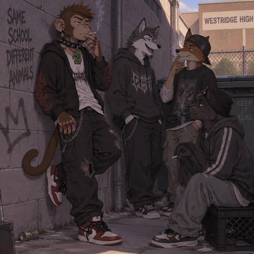 A middle school aged male monkey with a tail wearing a stereotypical American delinquent outfit with obsidian skull earrings, ruby rings on all fingers on his right hand, and an emerald dragon pendant on a tight spiked collar. He is behind the high school leaning against the wall smoking with friends. Anime art style, full body.