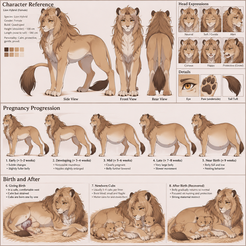A female quadruped lion hybrid, reference sheet, show the progress of pregnancy from beginning to birth, anime art style 