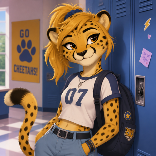 A female teenage anthropomorphic cheetah, animated version 