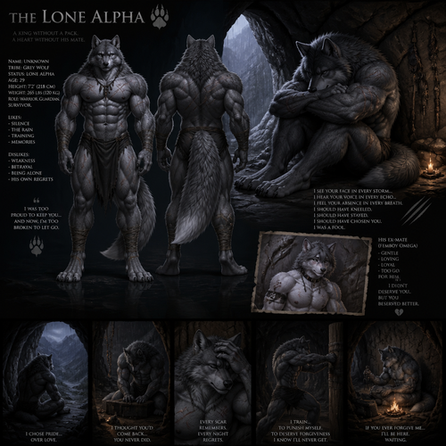 The well-made big and buff alpha male grey wolf tribe at front/rear view who lives in a cave all alone with no pack and misses his ex-mate (a grown fuzzy male femboy omega grey wolf tribe) sadly depressed and have regrets.