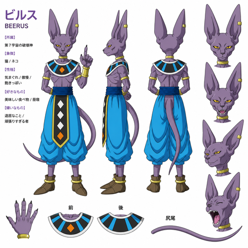 Beerus from Dragon Ball Super, reference sheet, anime art style, full body.
