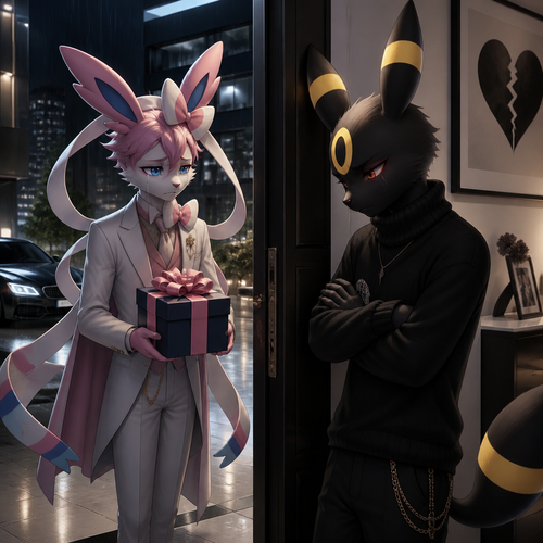 A sad rich male Sylveon, who came to see and offering a gift with a bow on it for apology, Still loves his male Umbreon that wears black sweater standing on a front door inside of his modern house very unhappy to see and still has a broken heart. In the anthropomorphic universe (well-made).