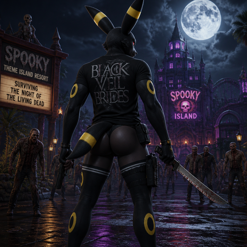 A well-made homosexual male anthro Umbreon with thigh highs and buttocks also wears a T-shirt that says Black veil Brides, surviving the night of the living dead at the spooky theme island resort. Well-made animated version. Has a tail on a tailbone. Has agility and endurance. Learned how to use melee and firearm weapons. Back View.