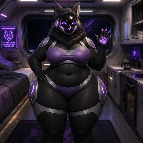 A well-made adult female Protogen that has thick thighs, wide hips, and has a thick body in a space ship where she lives alone in space. (Front good view)