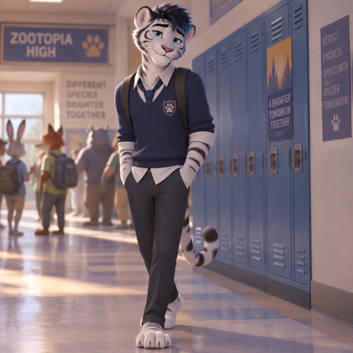 male white tiger,slim, high school, blue eyes, short black hair with blue tips, no shoes, zootopia style, 