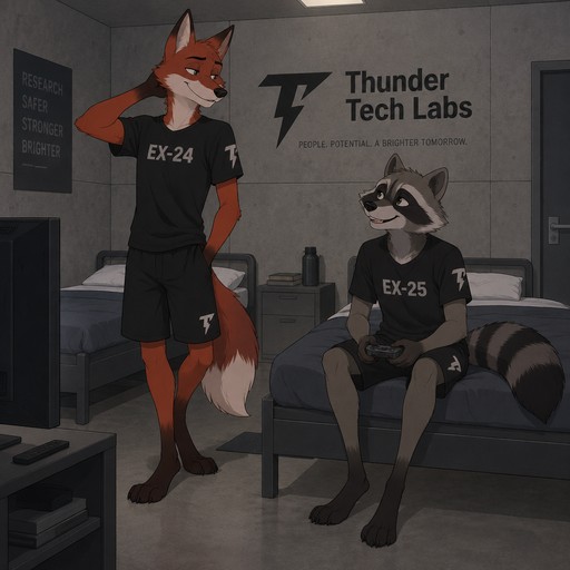 A lanky male anthropomorphic fox with red fur named Sprinter wearing a black T shirt with EX-24 on it and black shorts and a lanky male anthropomorphic raccoon named Oliver wearing a black T shirt with EX-25 on it and black shorts in a room in a lab together, the lap is “Thunder Tech Labs” and has the logo on the sleeves of their shirts and their pants legs, the room is a basic concrete room with two beds and a tv so that they are not bored, animated style