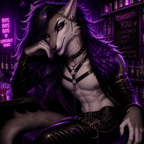 A gorgeous homosexual Sergal with eyeliner and violet lipstick, looking at view, gay, has long hair, sitting on a stool at the bar, well-made male character, a mixed of punk and a drag queen, and likes you.