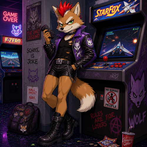 A delinquent Fox McCloud wearing tight leather shorts, a black ripped sleeveless shirt, a purple Wolf O’Donnell themed leather jacket, black combat boots, and a red spiked mohawk. He is skipping school playing games at an arcade. Anime art style, full body.