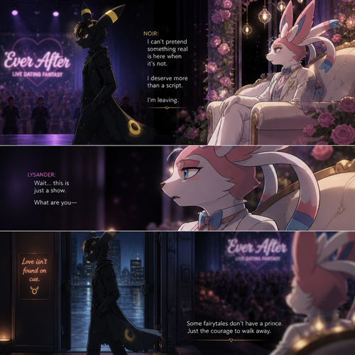 In a well-made anthro Pokemon universe, an non-rich grown brave male half gothic Umbreon named Noir refuses to accept the sham date with a grown richest male Sylveon (the spoiled careless Barron named Lysander) on a live dating fantasy show (in modern life) and decided to leave because love isn’t here. A well-made animated version. A sad but a good truthful ending. Side view.