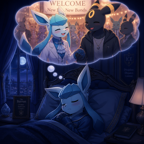 A nervous and shy Glaceon (the Barron) who’s sleeping at his bed at his mansion, dreaming about happily seeing Rick (the non-rich Umbreon male) at the welcoming party and holding hands. And smiling peacefully like being healed. Well-made animated version. A modern life. At midnight. A anthropomorphic universe. Secretly gay. Dislikes billionaire lunatics.