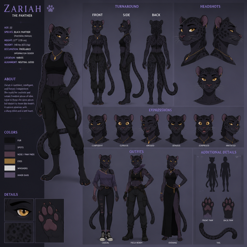 A beautiful anthropomorphic Panther in her early twenties, reference sheet, animated version 