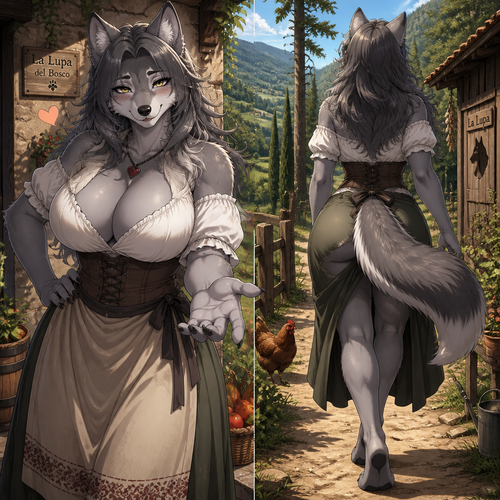 A busty adult anthropomorphic grey Wolf female character who lives in a farm alone in the woods in Italy. Well-made anime version. A Wolfess gives a love/flirty vibe and the looks. Front view. Backshot.