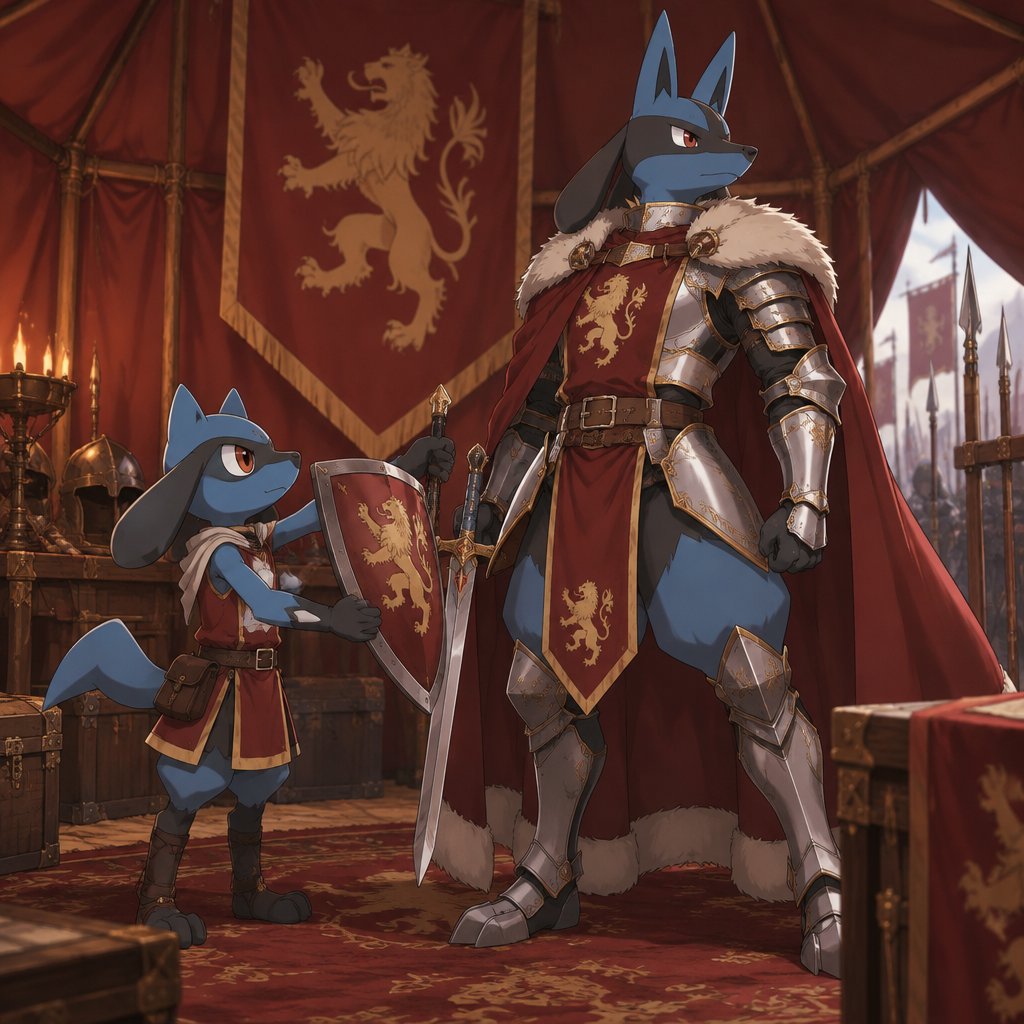 A male Riolu dressed up as a squire getting ready to hand a shield and sword to a male Lucario dressed up as a knight and truly is standing like the King he is. They are in a red tent with a golden Lion on a banner in the tent getting ready to go to war. Anime art style, full body.