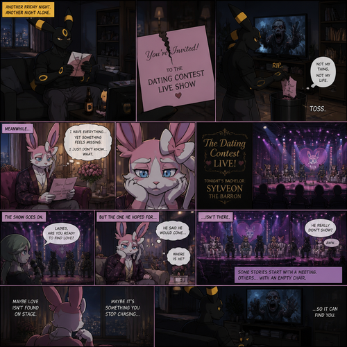 In a anthro Pokemon universe. A grown non-rich Umbreon male who lives in a apartment alone who’s ripped the envelope that says; your invited to dating contest live show (Much like on a date challenge); from the grown wealthy Sylveon male (the Barron) and then put it on a trash while continues to watch a zombie horror movie on television, while the Barron just wanted a boyfriend and to love while feeling something is missing and don’t know what it is while he’s not there the live show starts yet goes not well (sadly or is) for where is he. A well-made animated modern life version. A comic.