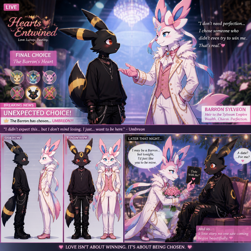 In a dating reality show on live (a well-made animated version) a non-rich half gothic grown Umbreon male is surprisingly unbelievably been accepted to become a boyfriend to this super rich grown Sylveon male as a Barron for not understanding why and doesn’t mind to lose. In an anthropomorphic Pokemon universe. Never asks and want to be there but been gifted. A good ending. Side and front view. A modern present day. Been asked on a date.